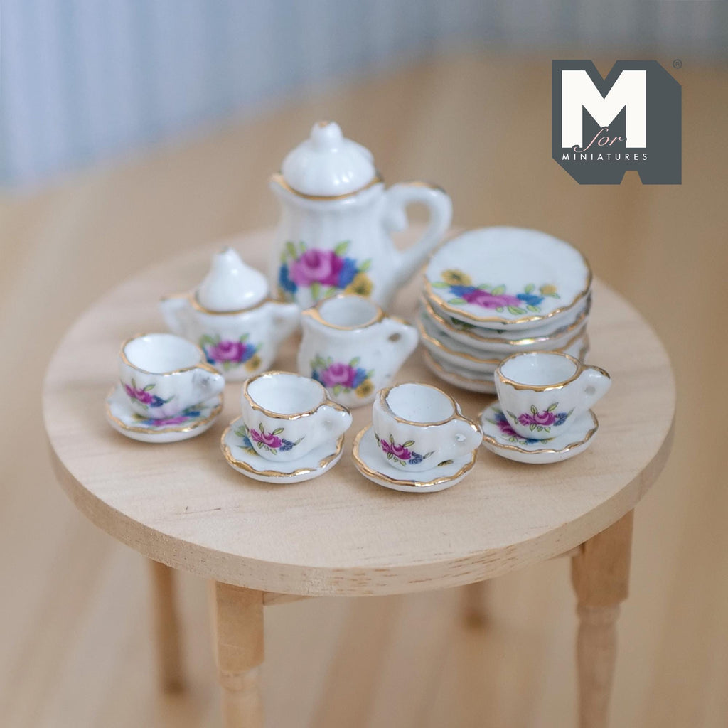 1:12 Scale Miniature Porcelain Tea Set, Floral Pattern, Set of 15, DIY Dollhouse Supply