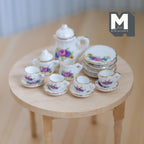 Service à thé miniature en porcelaine à l'échelle 1:12, motif floral, ensemble de 15 pièces, accessoire pour maison de poupée à faire soi-même