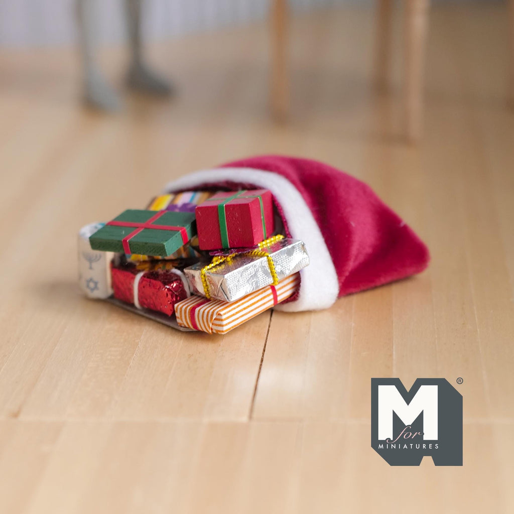 1:12 Scale Miniature Christmas Sack of Presents, Red with White Trim, 2-1/2 inch tall, DIY Dollhouse Supply (all in 1 piece)