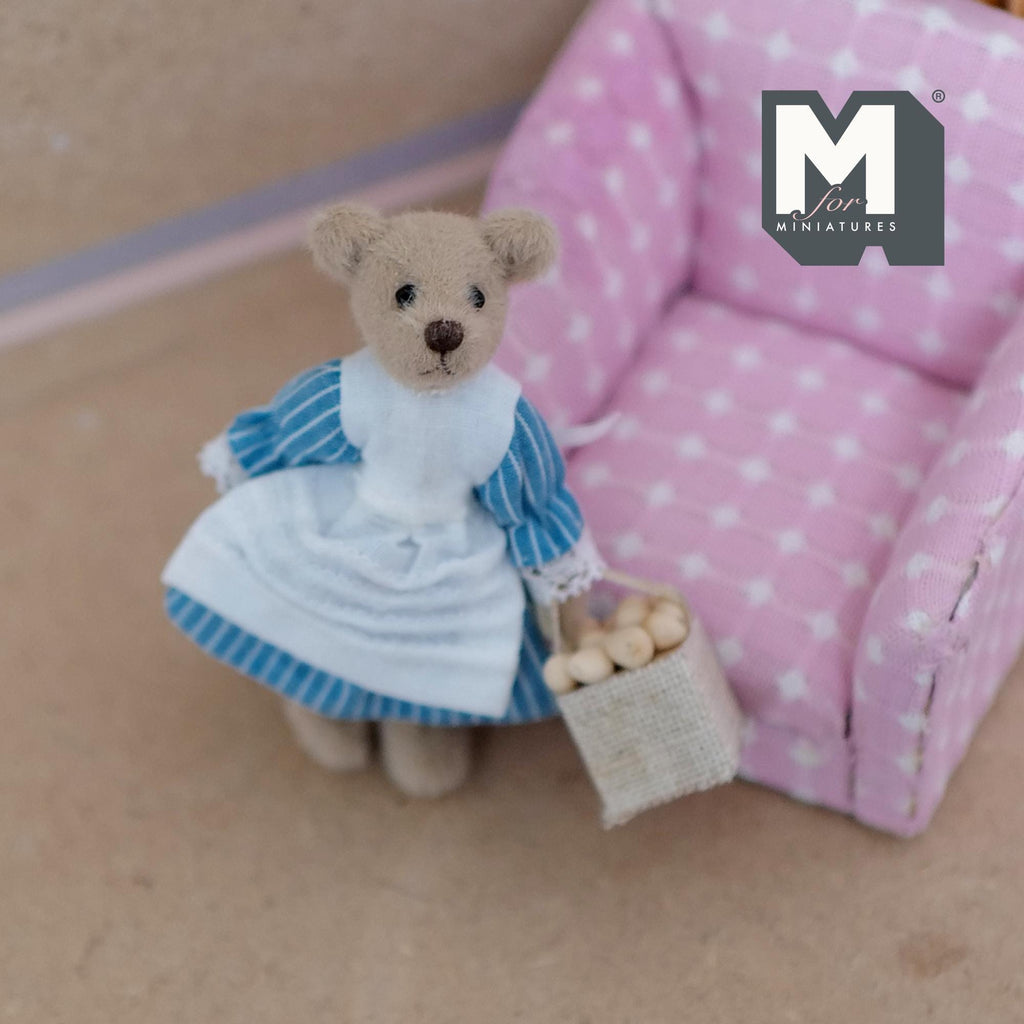 1:12 Scale Miniature Plush Lady Bear with Basket of Eggs, Gingham Dress and Apron, 3-1/8 inch tall, DIY Dollhouse Supply