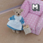 1:12 Scale Miniature Plush Lady Bear with Basket of Eggs, Gingham Dress and Apron, 3-1/8 inch tall, DIY Dollhouse Supply