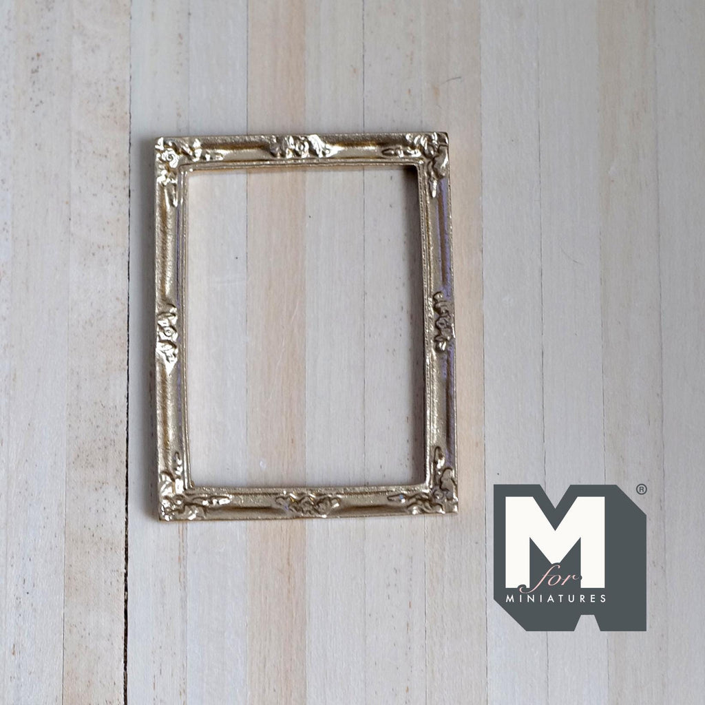 1:12 Scale Miniature Ornate Rectangular Picture Frame, Slim Border, 2-3/16 inch tall, DIY Dollhouse Supply (gold) (resin)