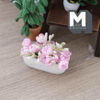 Dollhouse Flowers and Planter Trough 1:12 Scale Miniature Flowers and Long Clay Planter Box (light blue / white) - H038