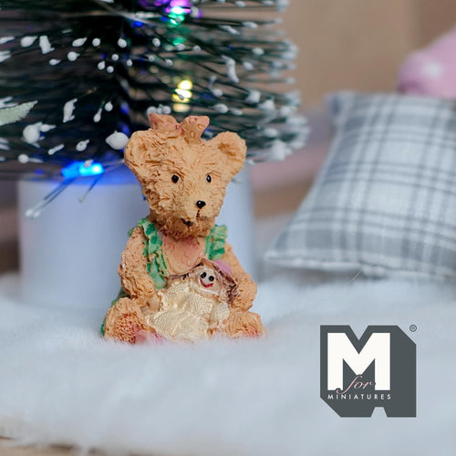 1:12 Scale Miniature Bear Figurine Holding Girl Doll, 1-1/4 inch tall, DIY Dollhouse Supply (resin)