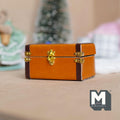1:12 scale miniature leather look wood storage trunk in light brown with dark straps and gold clasps