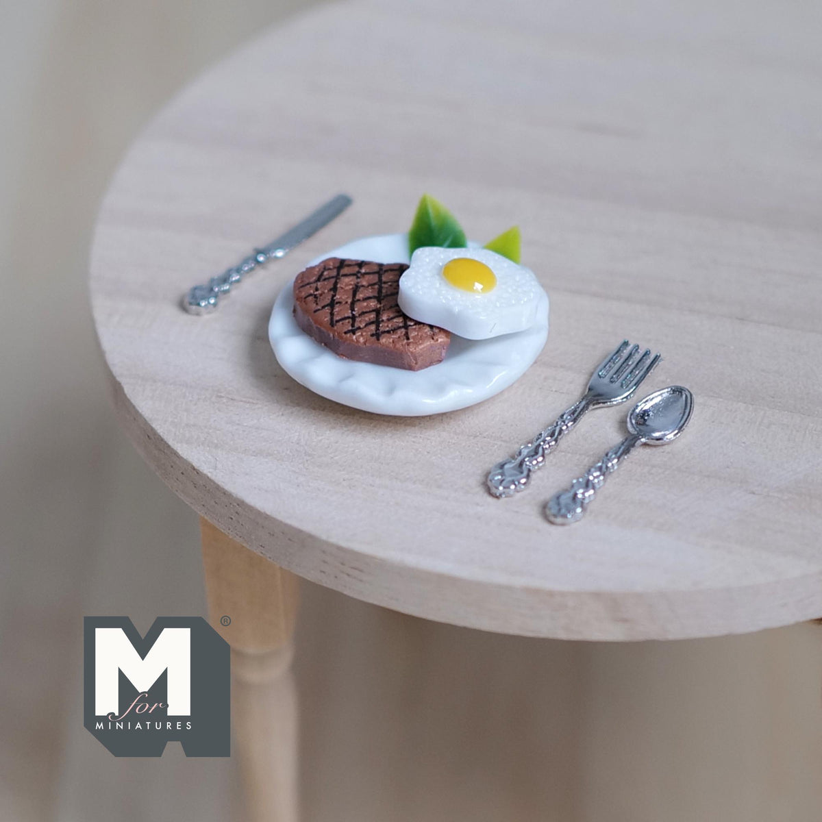 1:12 Scale Miniature Steak and Egg on Plate with Knife and Fork, 15/16 inch dia., DIY Dollhouse Supply