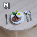 Miniature Steak and Egg 1:12 Scale Dollhouse Food Grilled Steak and Egg on Plate with Cutlery 15/16 inch dia. - E027