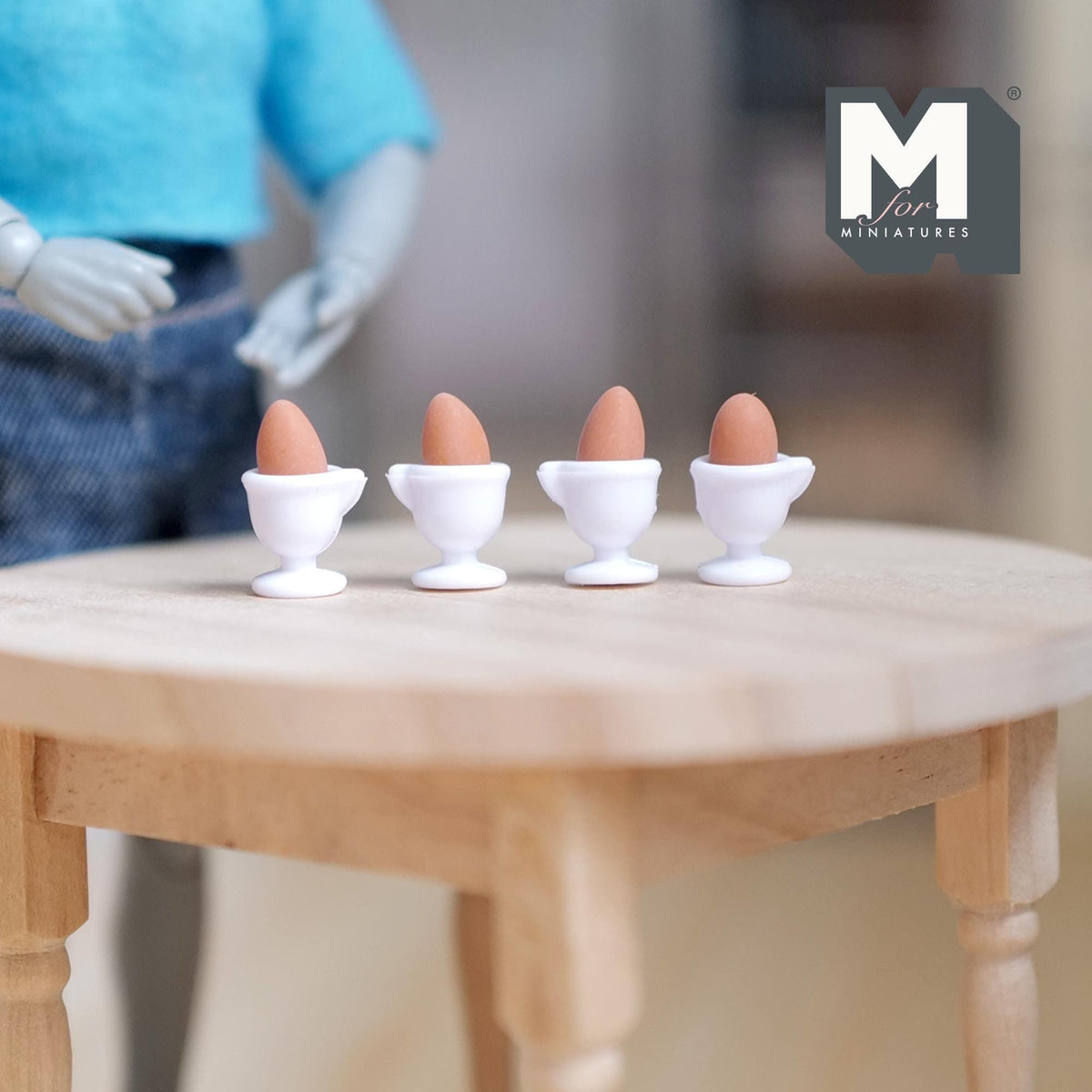 1:12 Scale Miniature Brown Eggs in White Egg Cups, Set of 4, 9/16 inch tall, DIY Dollhouse Supply