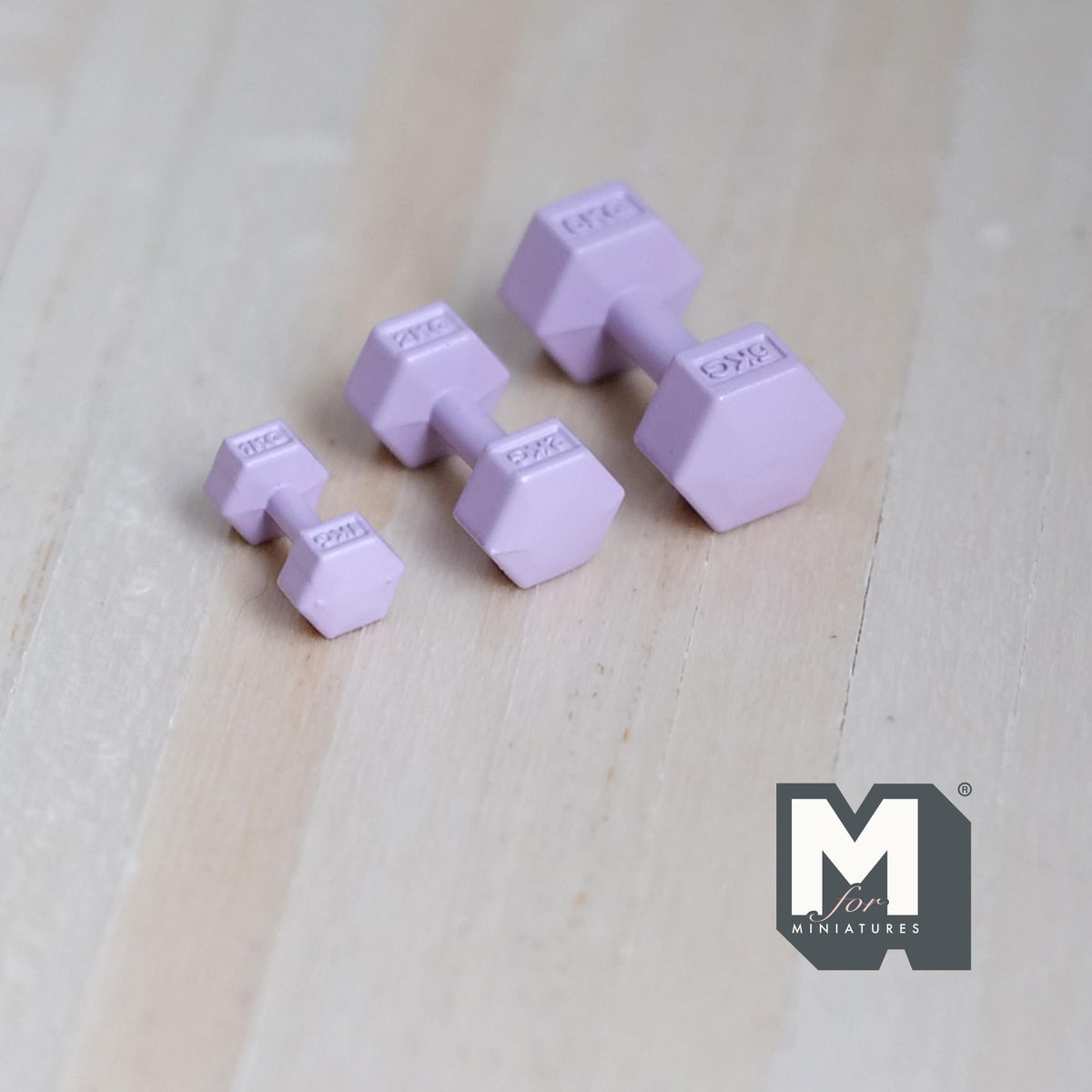 1:12 Scale Miniature Hexagon Dumbbells, Set of 3, 13/16 inch long, DIY Dollhouse Supply (metal) (light purple)