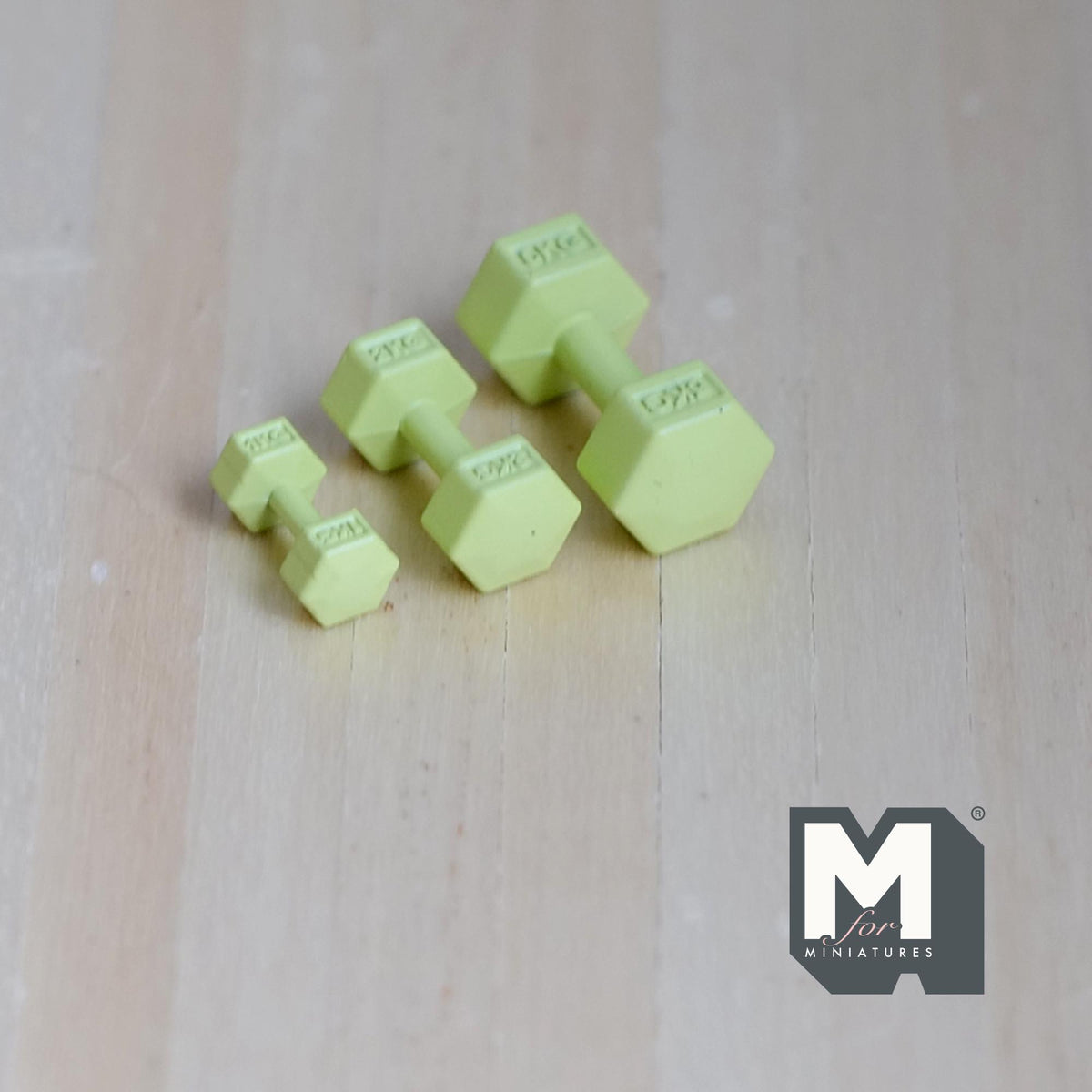 1:12 Scale Miniature Hexagon Dumbbells, Set of 3, 13/16 inch long, DIY Dollhouse Supply (metal) (green)