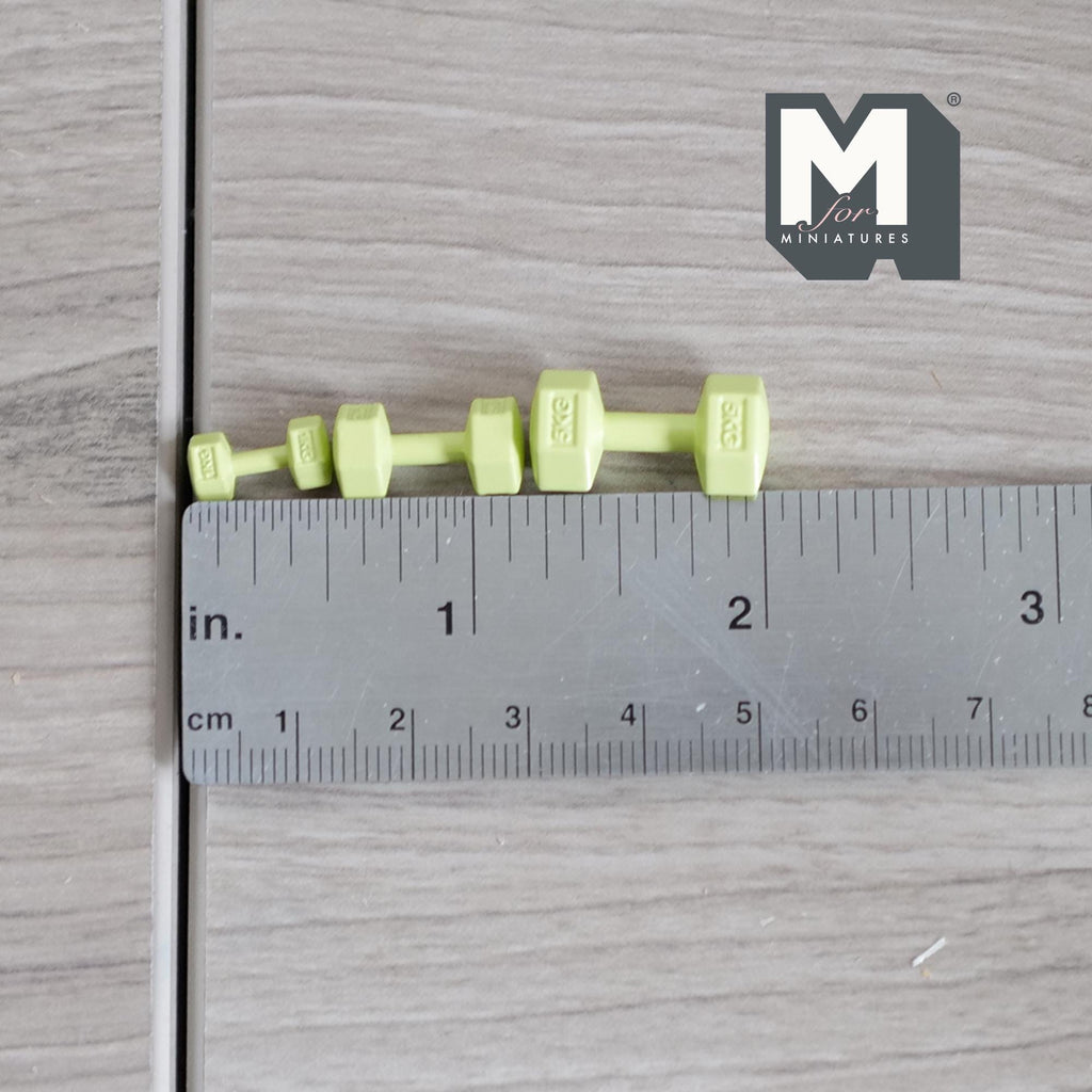 1:12 Scale Miniature Hexagon Dumbbells, Set of 3, 13/16 inch long, DIY Dollhouse Supply (metal) (green)