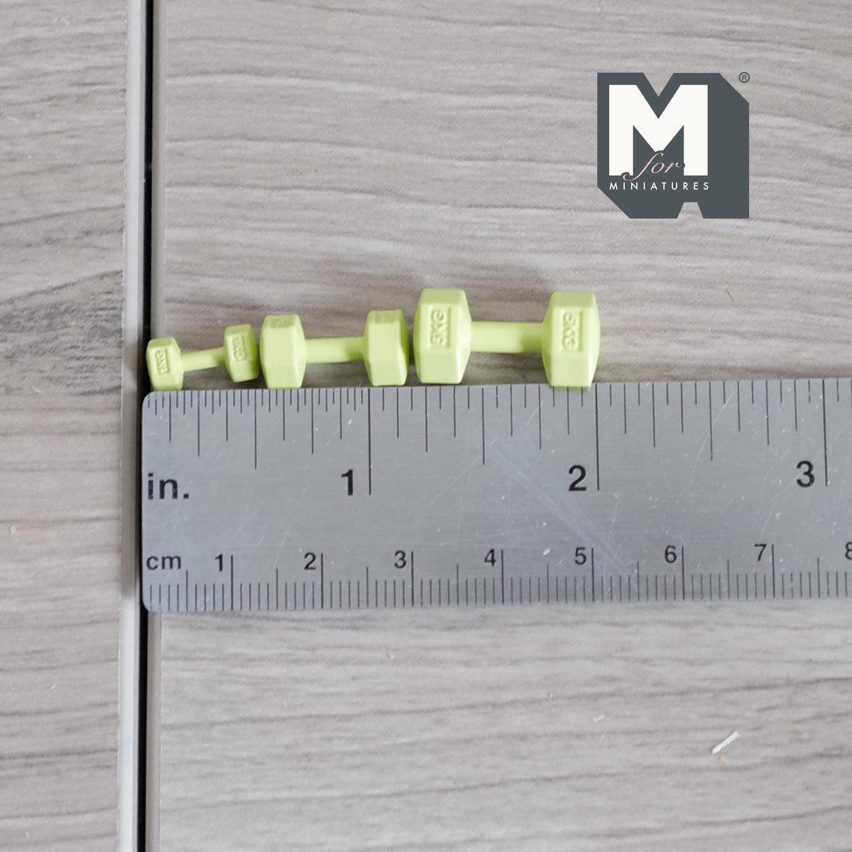 1:12 Scale Miniature Hexagon Dumbbells, Set of 3, 13/16 inch long, DIY Dollhouse Supply (metal) (green)