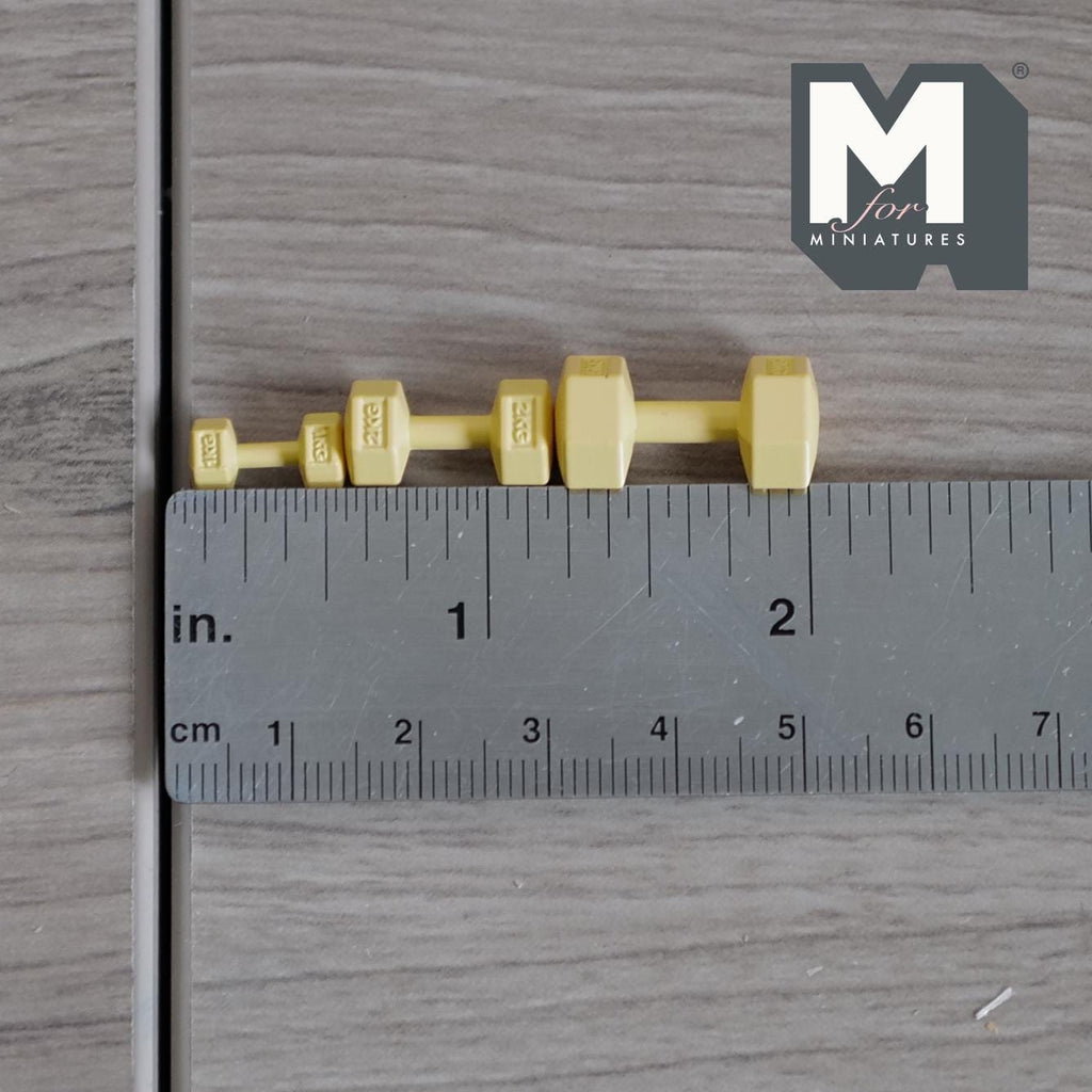 1:12 Scale Miniature Hexagon Dumbbells, Set of 3, 13/16 inch long, DIY Dollhouse Supply (metal) (pale yellow)