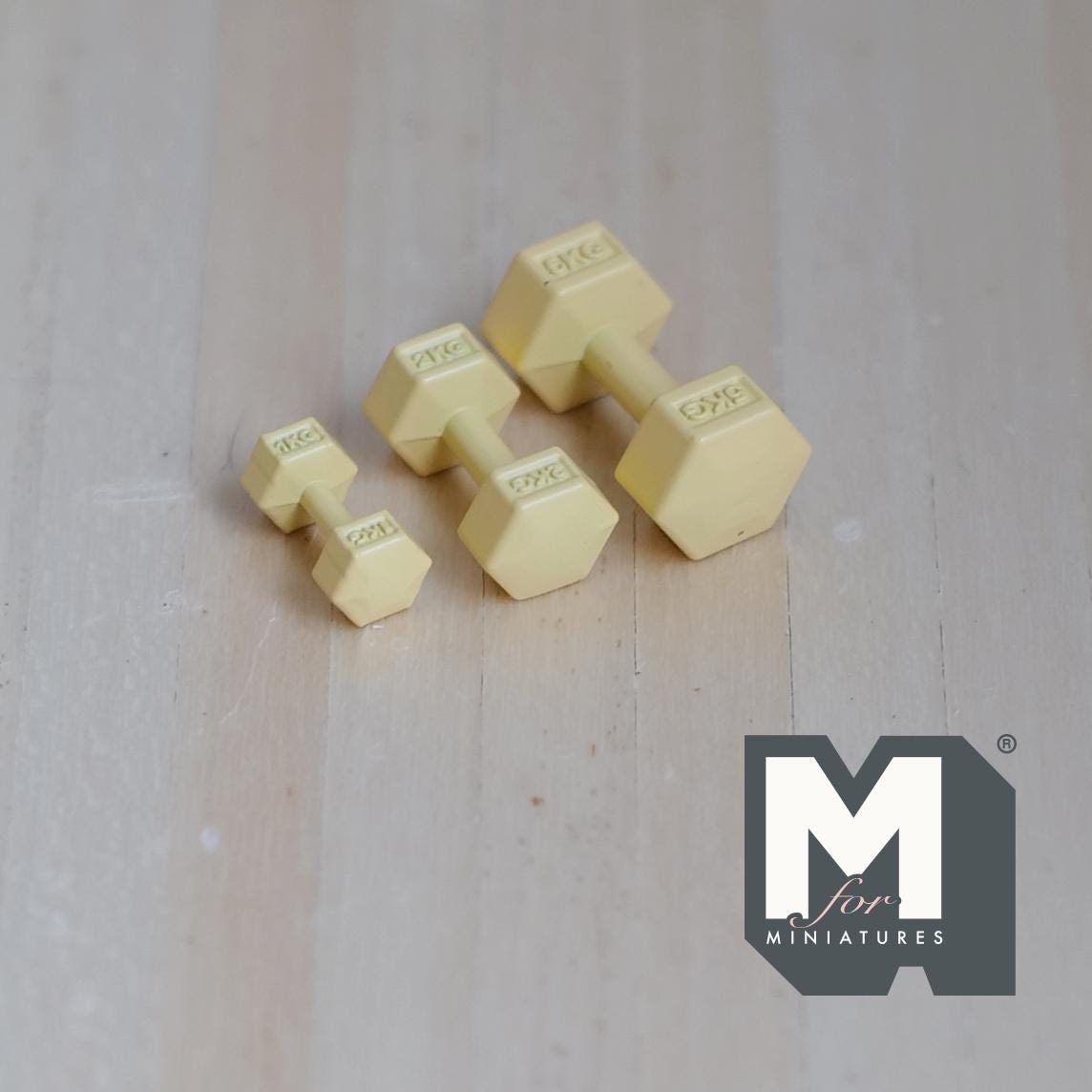1:12 Scale Miniature Hexagon Dumbbells, Set of 3, 13/16 inch long, DIY Dollhouse Supply (metal) (pale yellow)
