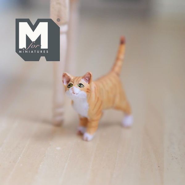 Miniature Walking Tabby Cat 1:12 Scale Dollhouse Animal 1-9/16 inch long (resin) (cream) - C048