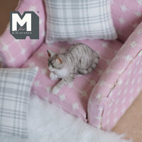 Miniature Relaxing Tabby Cat 1:12 Scale Dollhouse Animal Cat 1-5/16 inch long (resin) (gray) - C048