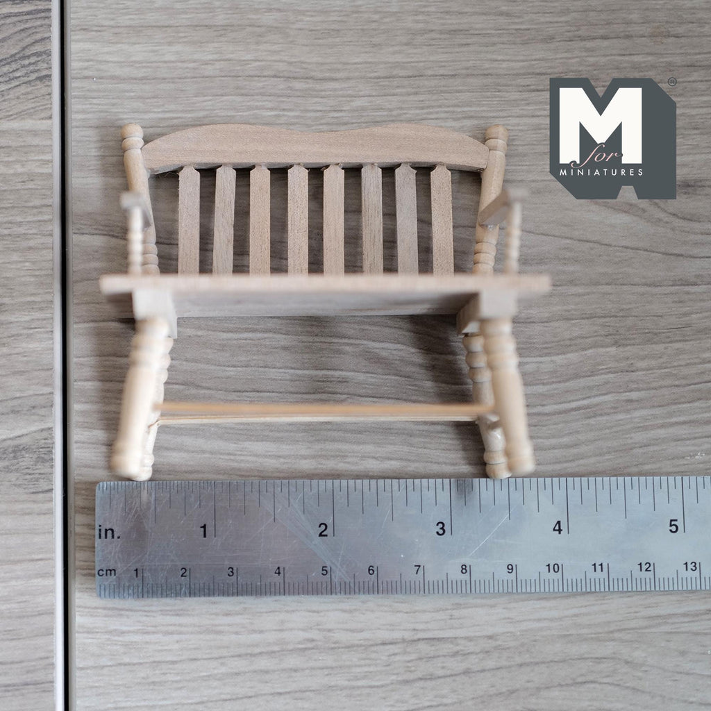1:12 Scale Miniature Unpainted Wood Garden Bench, Slatted Back, Curved Arms, 3-1/2 inch long, DIY Dollhouse Supply