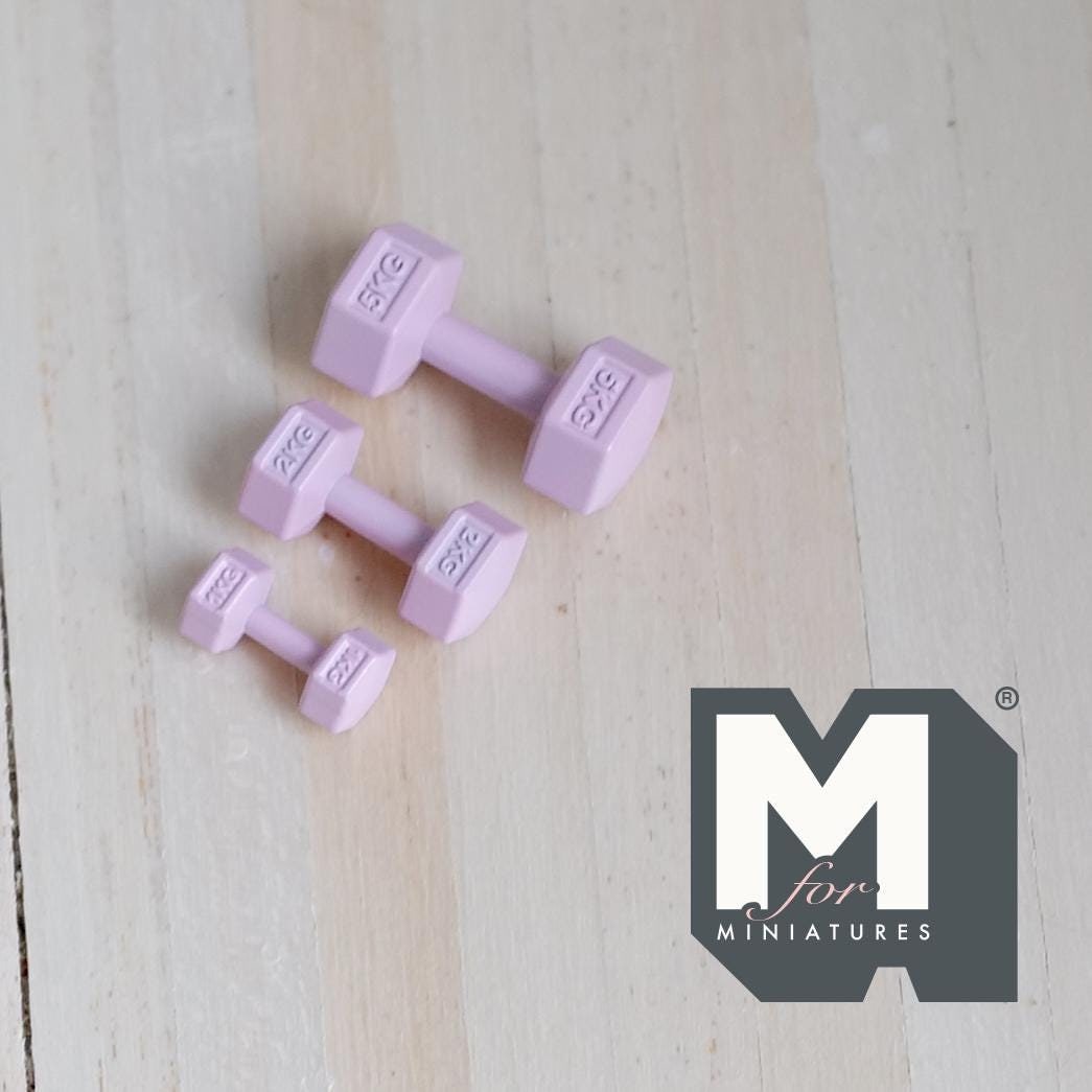 1:12 Scale Miniature Hexagon Dumbbells, Set of 3, 13/16 inch long, DIY Dollhouse Supply (metal) (pink)