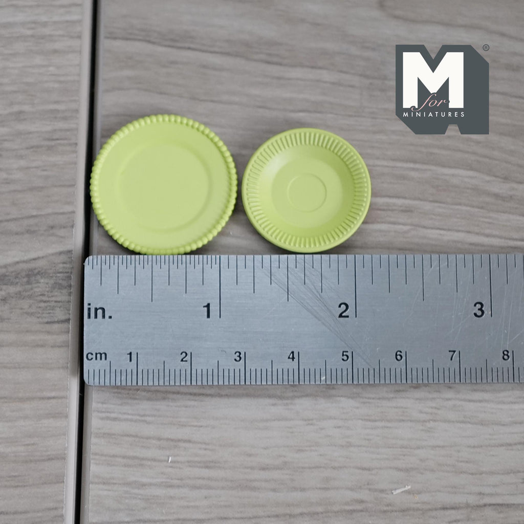 1:12 Scale Miniature Metal Dining Plates, Set of 2, 1-1/8 inch dia., DIY Dollhouse Supply (light green)