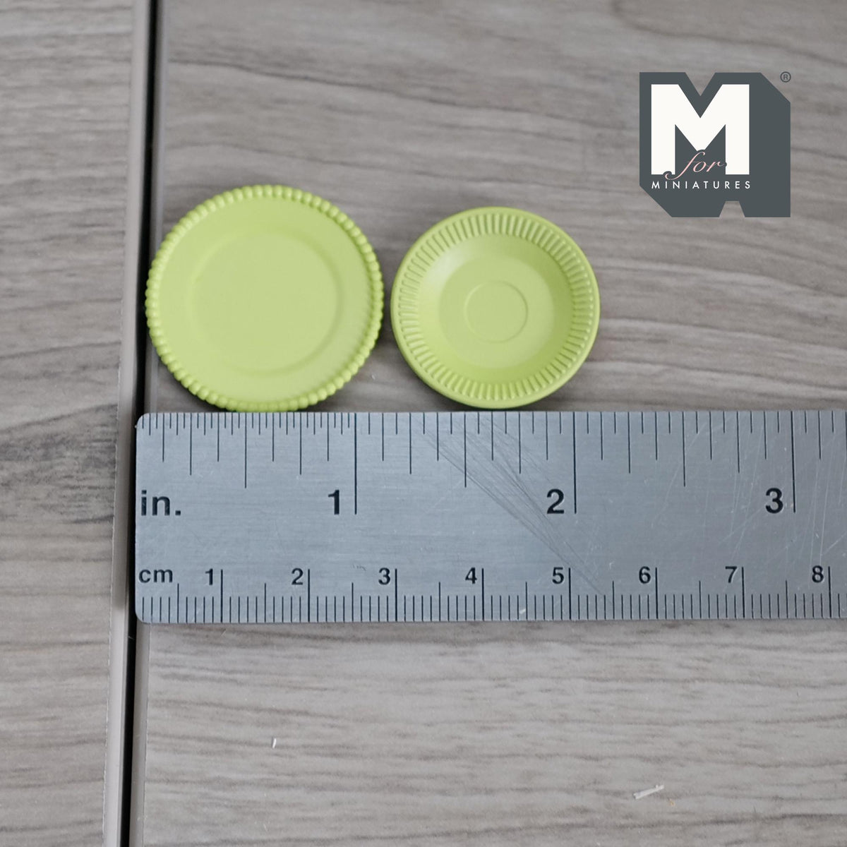 1:12 Scale Miniature Metal Dining Plates, Set of 2, 1-1/8 inch dia., DIY Dollhouse Supply (light green)