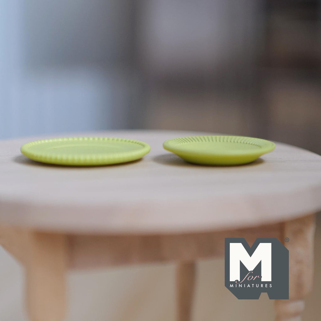 1:12 Scale Miniature Metal Dining Plates, Set of 2, 1-1/8 inch dia., DIY Dollhouse Supply (light green)