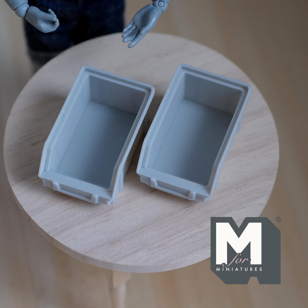 1:12 Scale Miniature Stackable Storage Bins, Set of 2, 1-9/16 inch long, DIY Dollhouse Supply (gray)