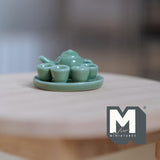 Dollhouse Teapot Cups and Tray Set 1:12 Scale Miniature Ceramic Set of 6 (green) - A036
