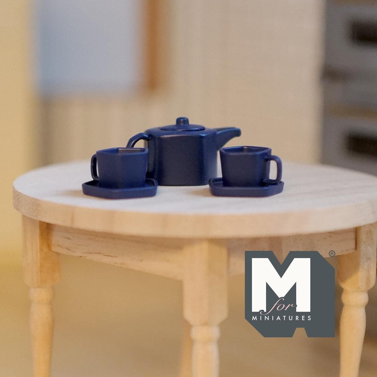 1:12 Scale Miniature Metal Pentagon Teapot with Cups and Plates, Set of 5, 9/16 inch tall, DIY Dollhouse Supply (dark blue)