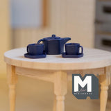 Miniature Teapot Cups and Plates 1:12 Scale Dollhouse Supplies High Tea Metal Pentagon Teapot Set of 5 , 9/16 inch high (dark blue) - D046