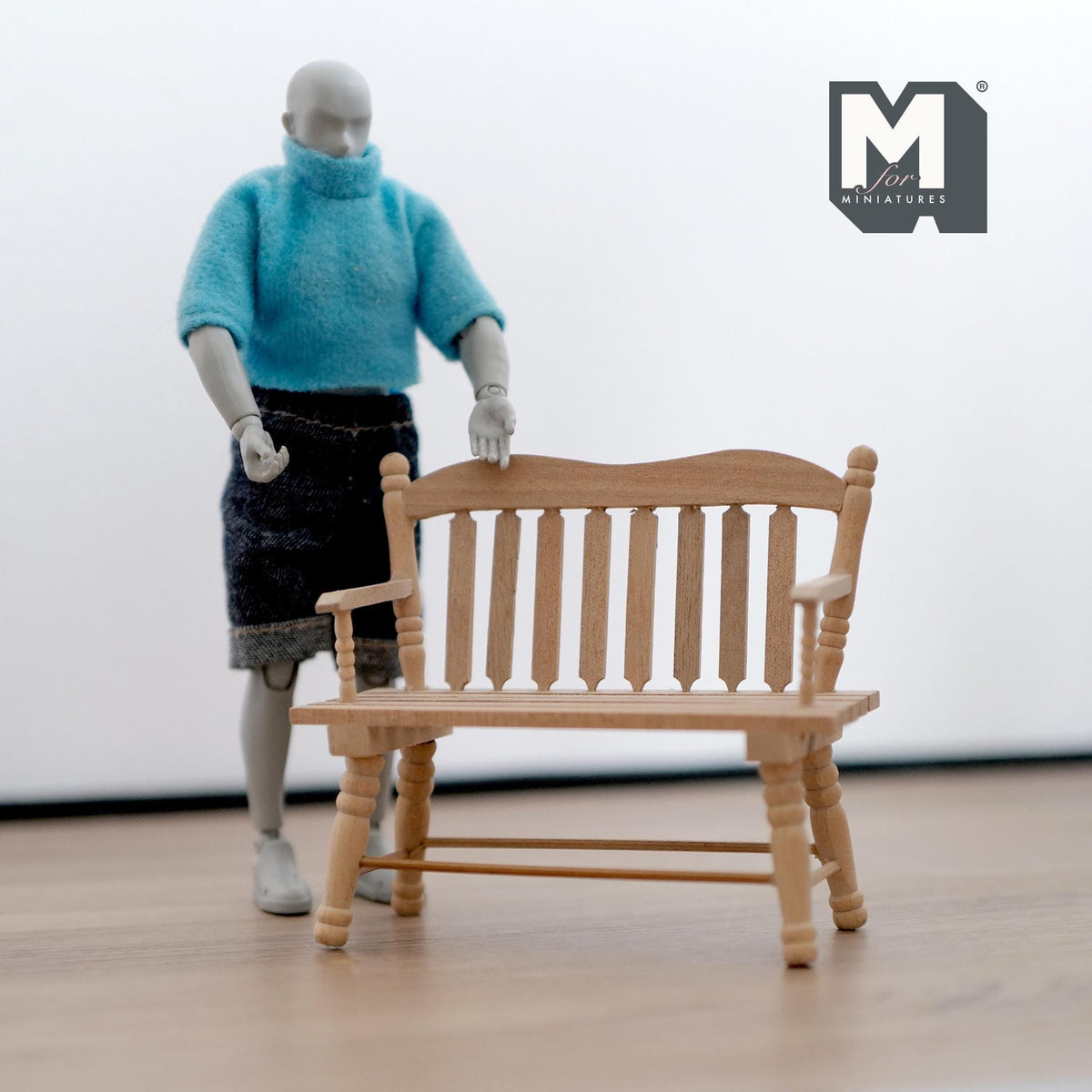 1:12 Scale Miniature Unpainted Wood Garden Bench, Slatted Back, Curved Arms, 3-1/2 inch long, DIY Dollhouse Supply