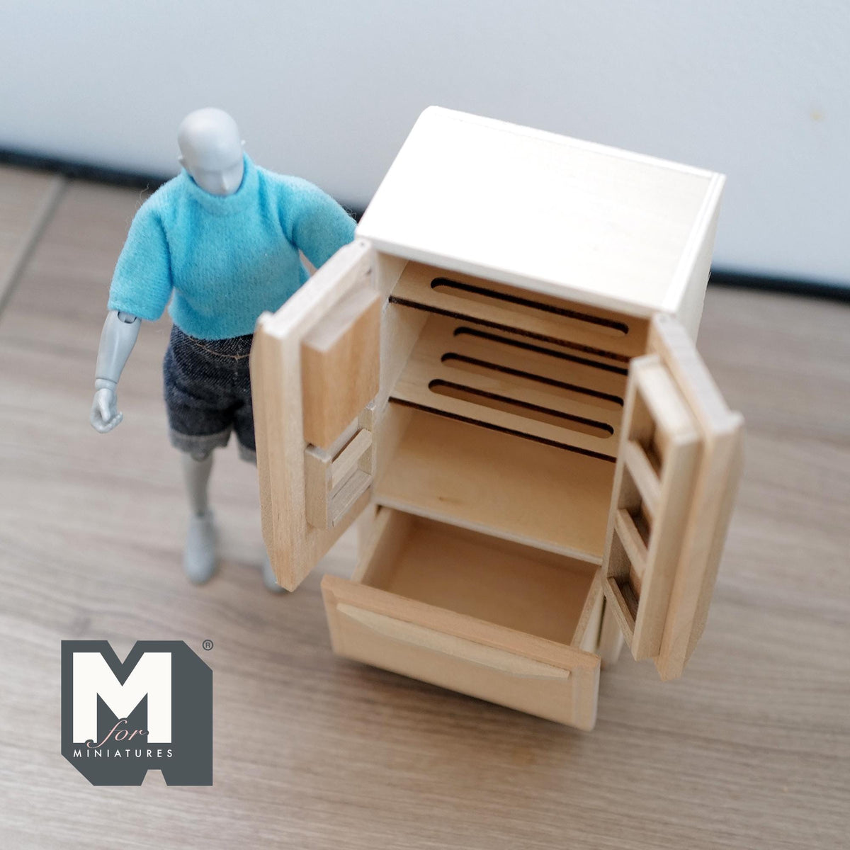 1:12 Scale Miniature Unpainted Modern Refrigerator, 2 Doors and Freezer Drawer, 5-3/8 inch tall, DIY Dollhouse Supply (wood)