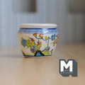 1:12 scale miniature large ceramic planter pot with colorful phoenix and floral design on white, on a wood table