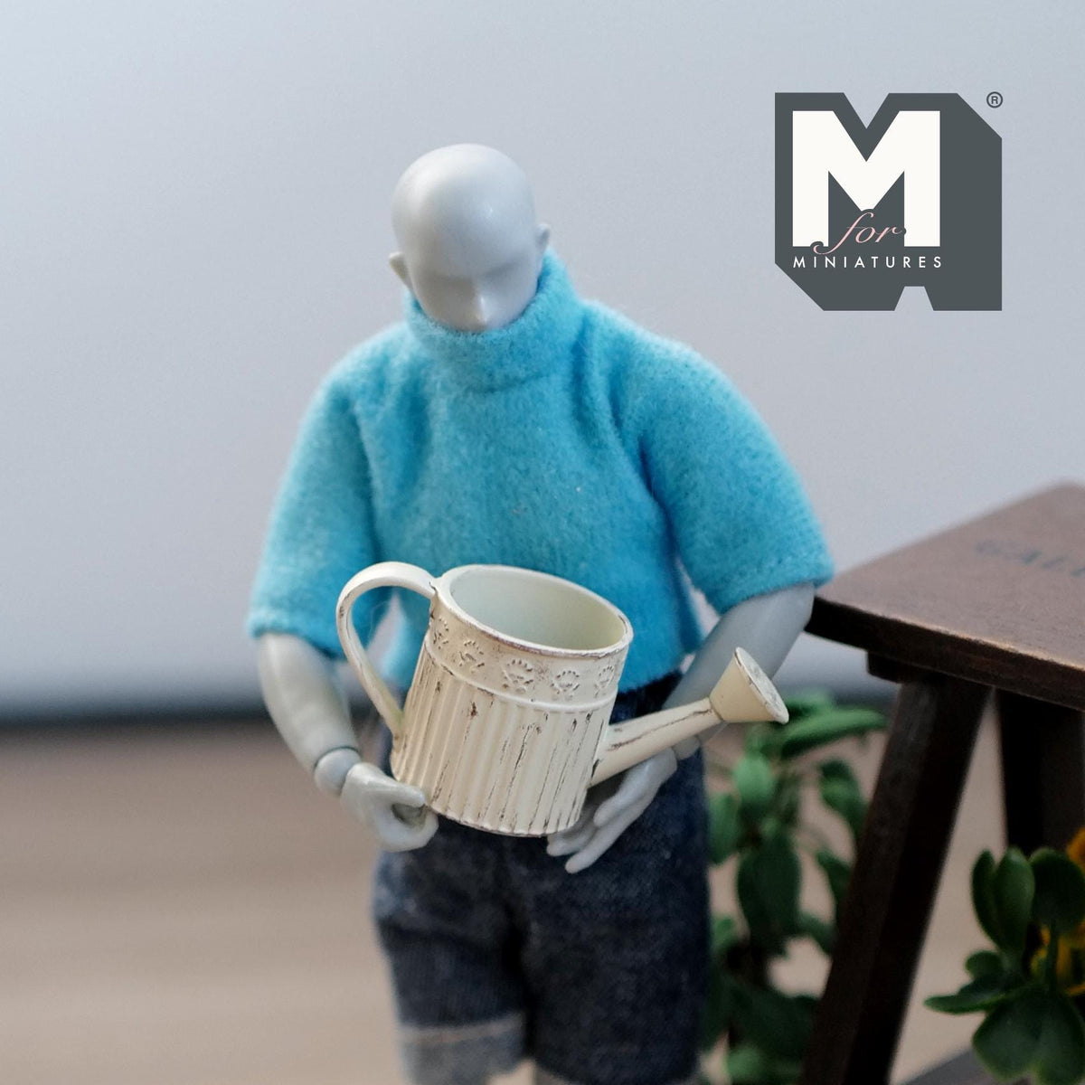 1:12 Scale Miniature Metal Round Watering Can, Rustic Label, 13/16 inch tall, DIY Dollhouse Supply (beige)