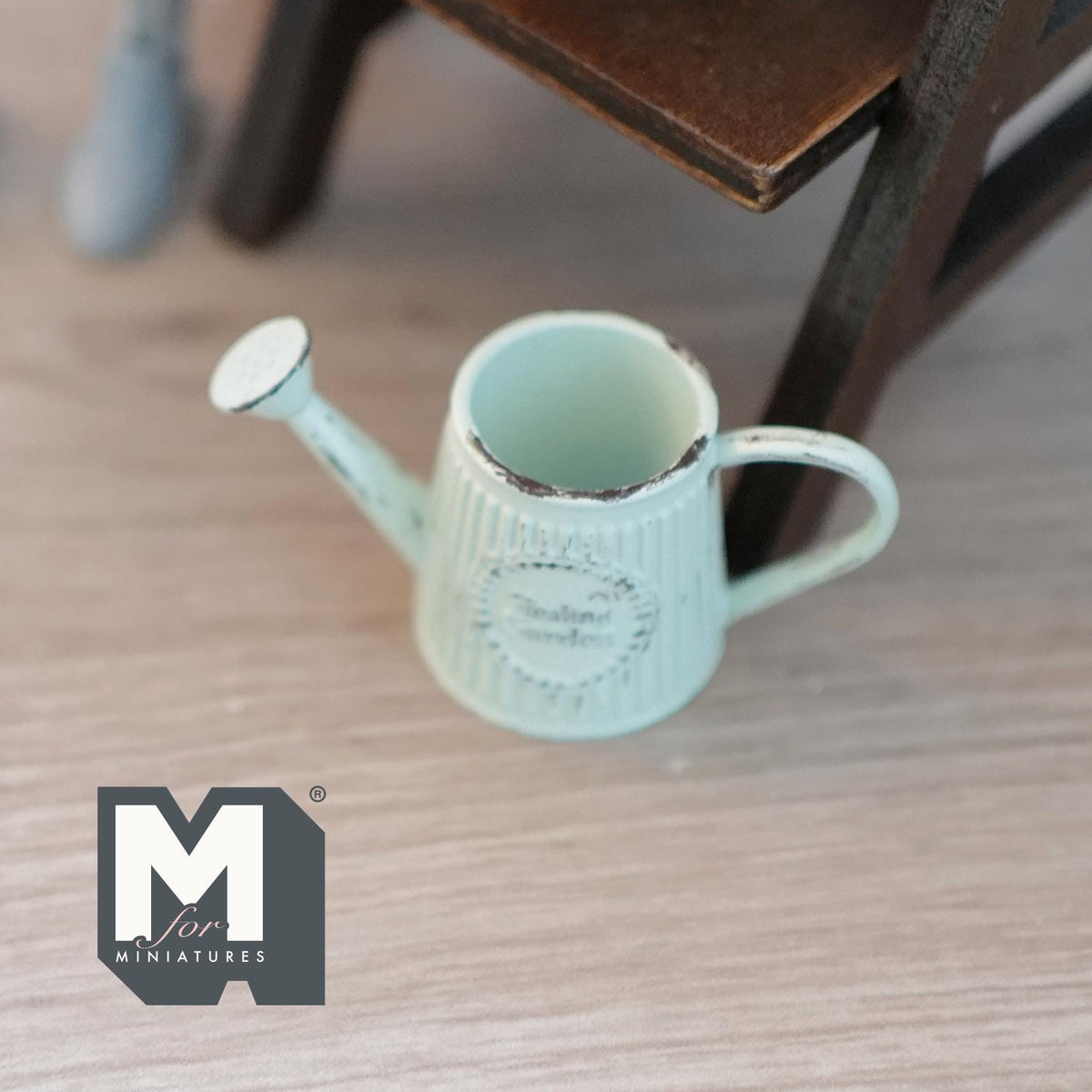 1:12 Scale Miniature Metal Slanted Watering Can, Rustic Label, 15/16 inch tall, DIY Dollhouse Supply (mint green)