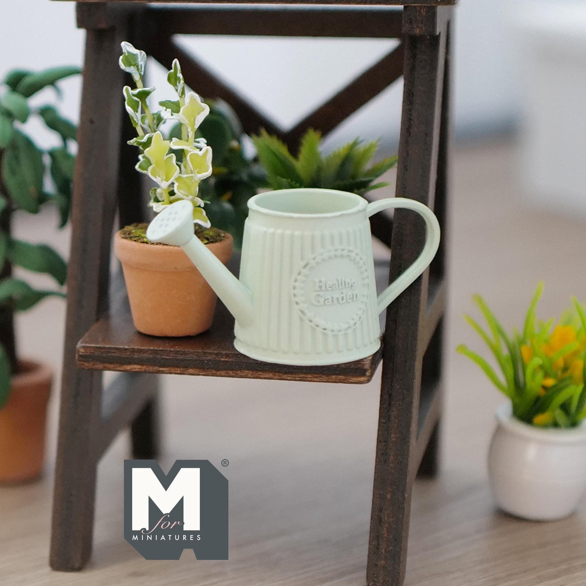 1:12 Scale Miniature Metal Slanted Watering Can, Ribbed Body, 15/16 inch tall, DIY Dollhouse Supply (light green)