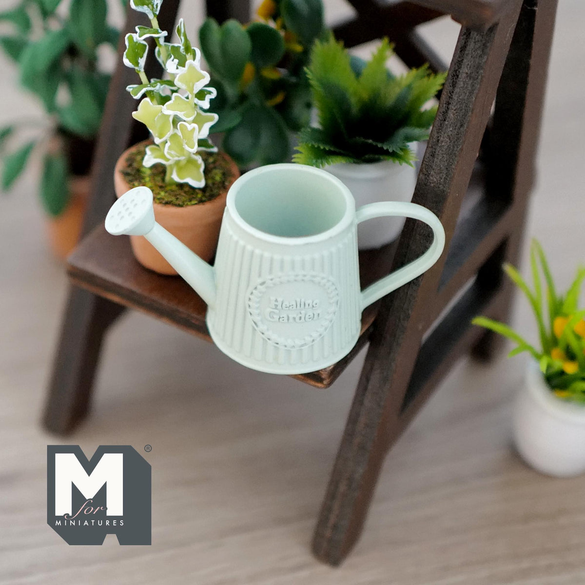 1:12 Scale Miniature Metal Slanted Watering Can, Ribbed Body, 15/16 inch tall, DIY Dollhouse Supply (light green)