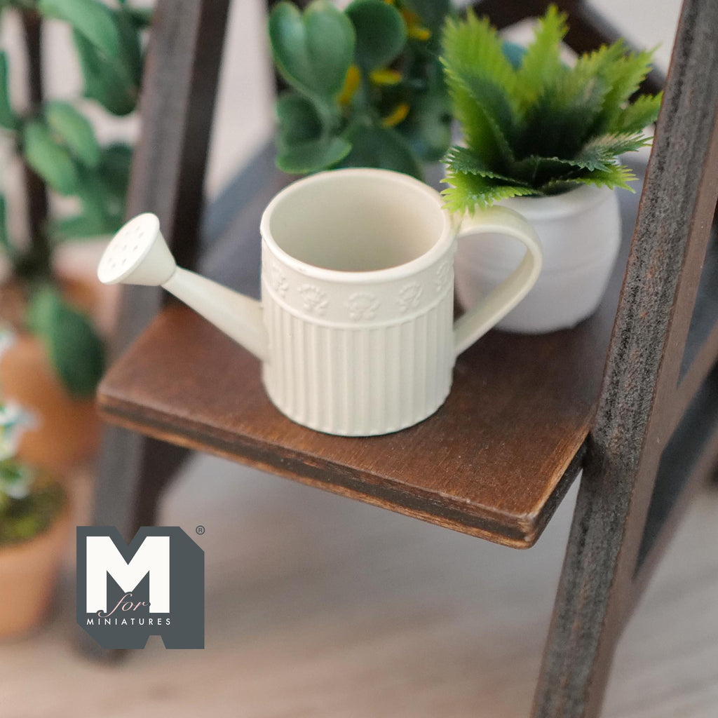 1:12 Scale Miniature Metal Round Watering Can, Ribbed Body, 13/16 inch tall, DIY Dollhouse Supply (cream)