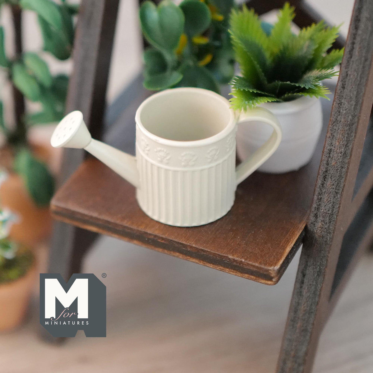 1:12 Scale Miniature Metal Round Watering Can, Ribbed Body, 13/16 inch tall, DIY Dollhouse Supply (cream)