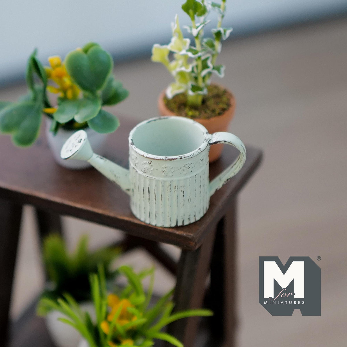 1:12 Scale Miniature Metal Round Watering Can, Rustic Label, 13/16 inch tall, DIY Dollhouse Supply (light green)