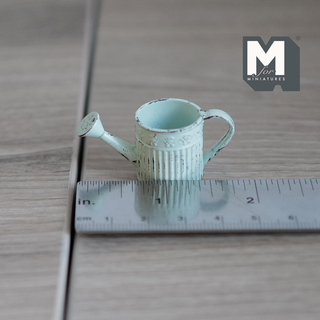 1:12 Scale Miniature Metal Round Watering Can, Rustic Label, 13/16 inch tall, DIY Dollhouse Supply (light green)