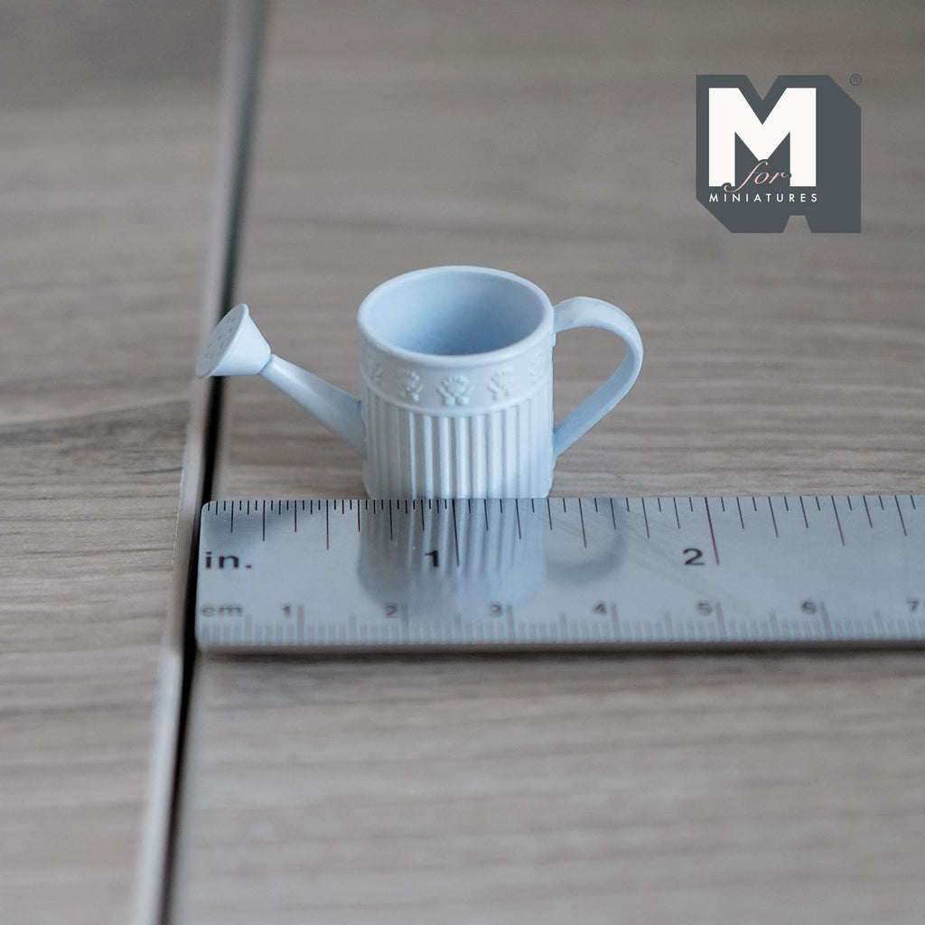 1:12 Scale Miniature Metal Round Watering Can, Ribbed Body, 13/16 inch tall, DIY Dollhouse Supply (light blue)