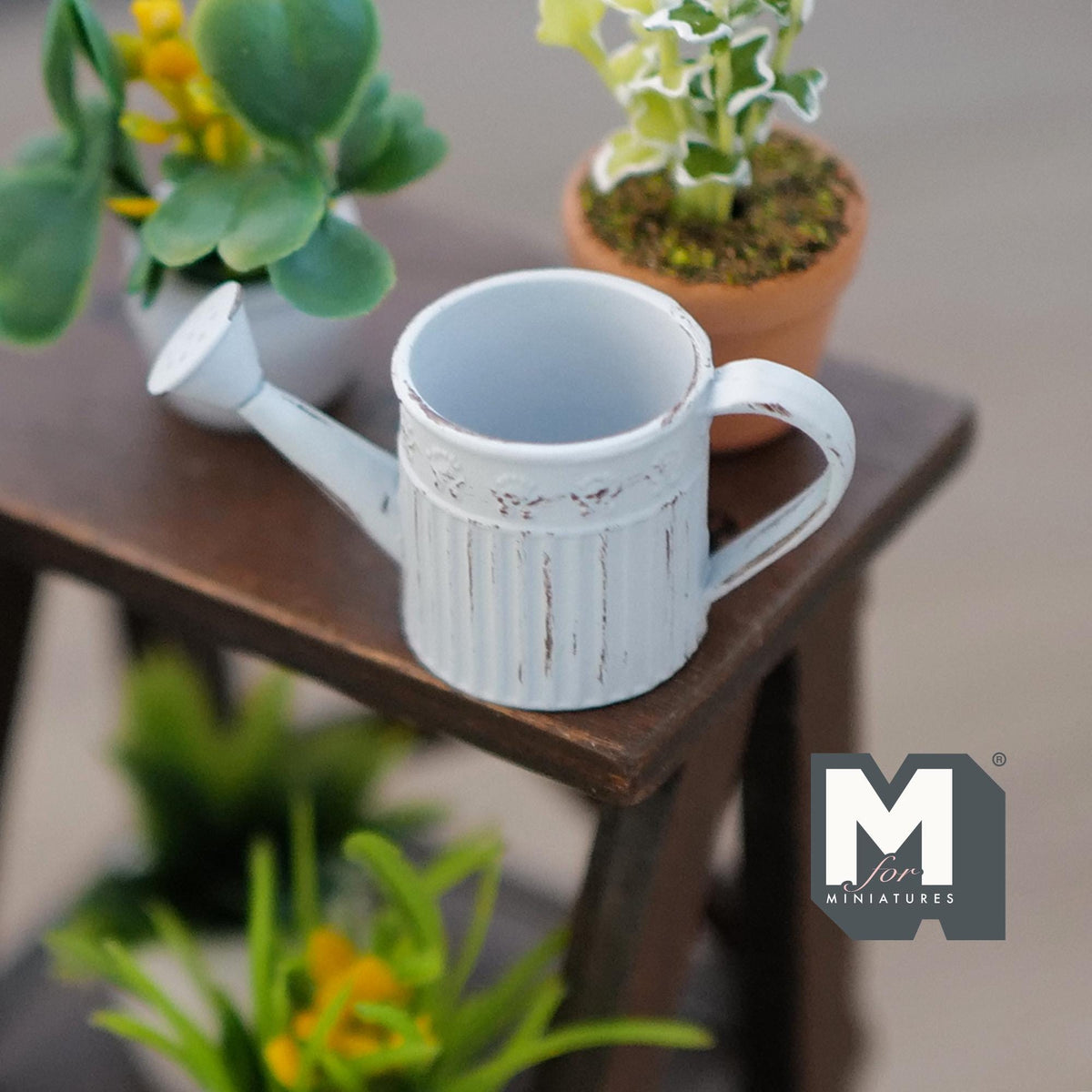 1:12 Scale Miniature Rustic Metal Watering Can, Round Body, 13/16 inch tall, DIY Dollhouse Supply (light blue)