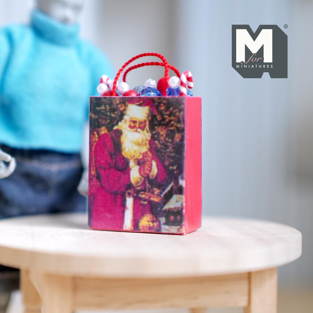 1:12 Scale Miniature Christmas Gift Bag with Rope Handles, 1-7/16 inch tall, DIY Dollhouse Supply