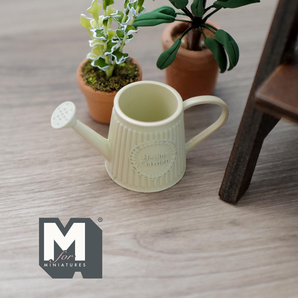 1:12 Scale Miniature Metal Slanted Watering Can, Ribbed Body, 15/16 inch tall, DIY Dollhouse Supply (beige)