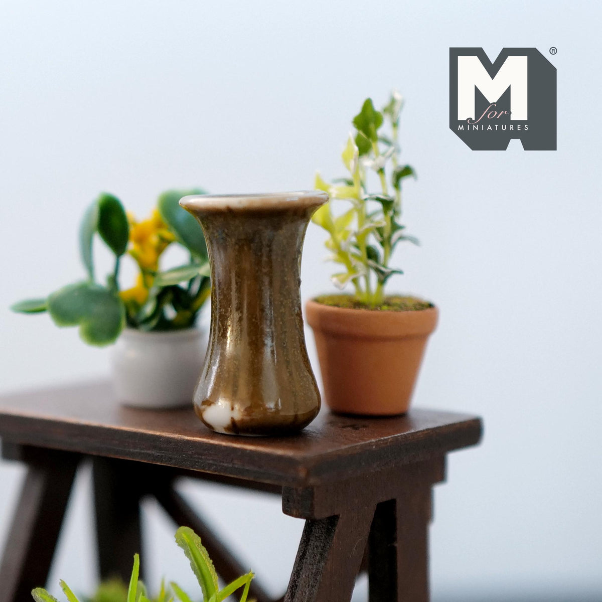 1:12 Scale Miniature Ceramic Flower Vase, Flared Top and Base, 1-5/16 inch tall, DIY Dollhouse Supply (brown)