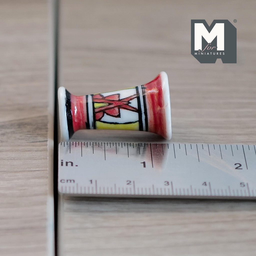 1:12 Scale Miniature Ceramic Flower Vase, Red and Black Pattern, Flared Top, 1-1/4 inch tall, DIY Dollhouse Supply