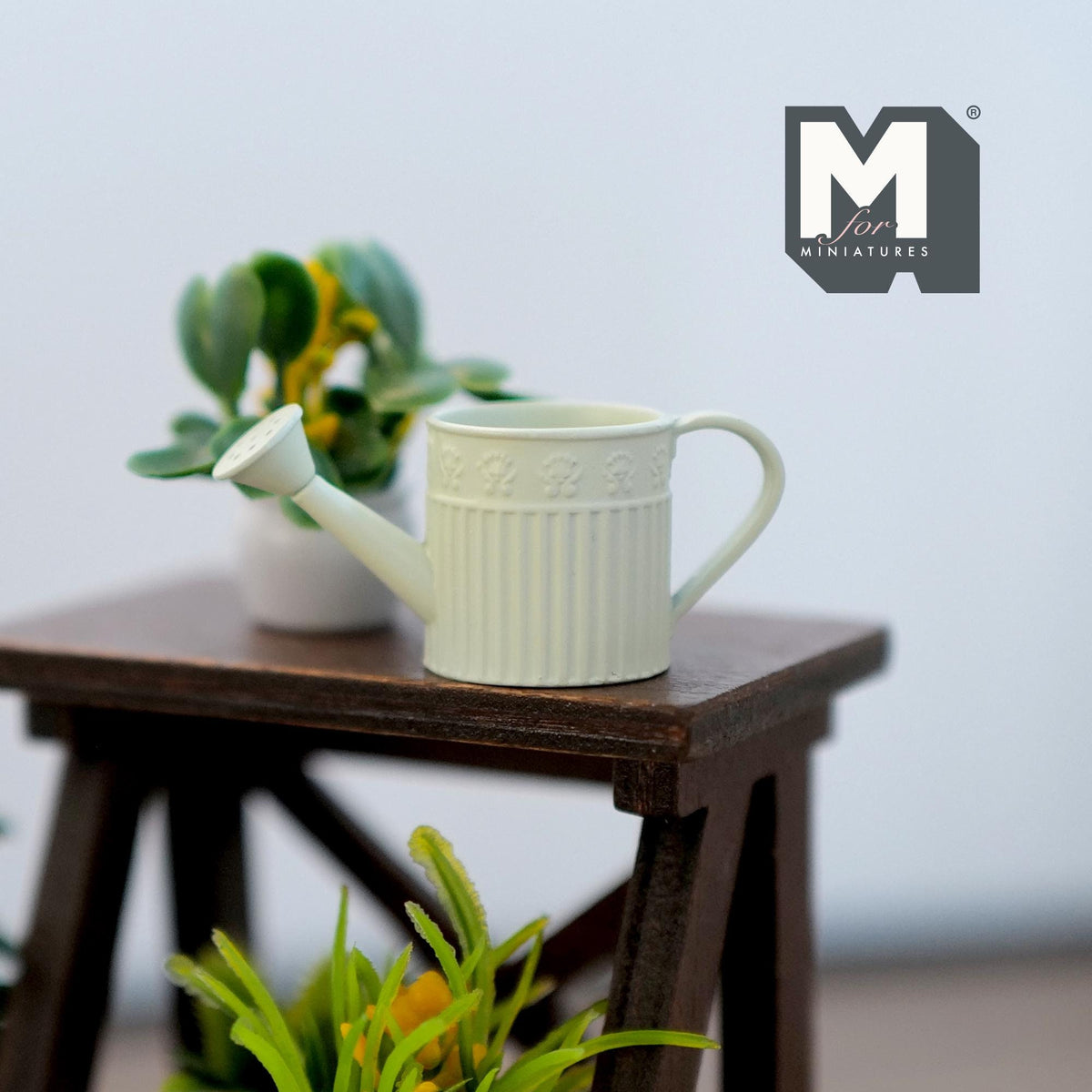 1:12 Scale Miniature Metal Round Watering Can, Ribbed Body, 13/16 inch tall, DIY Dollhouse Supply (light green)