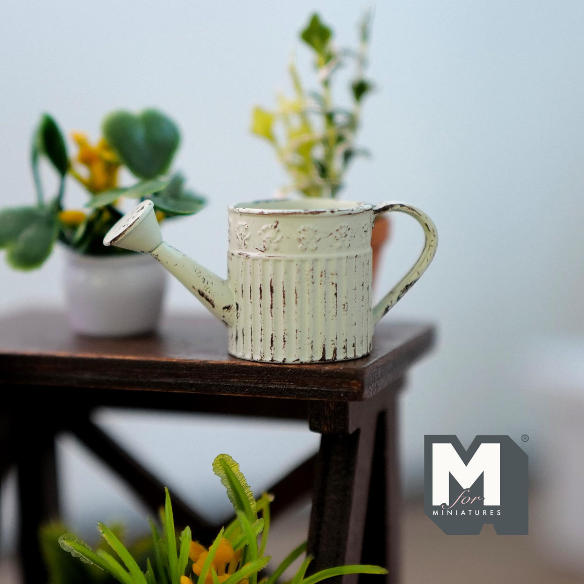 1:12 Scale Miniature Metal Round Watering Can, Rustic Label, 13/16 inch tall, DIY Dollhouse Supply (light green)