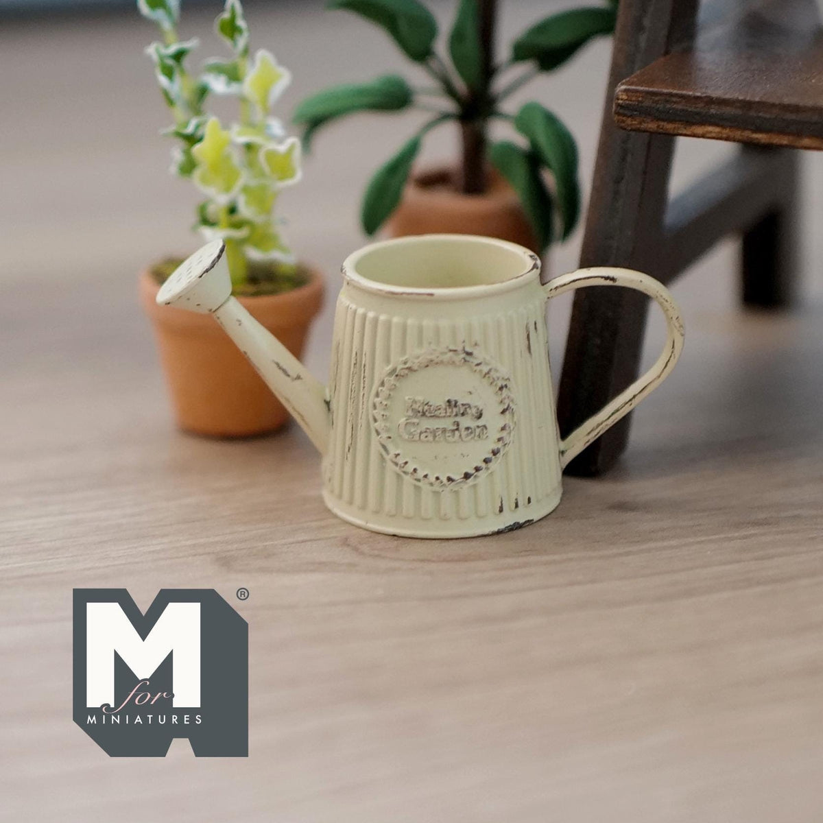 1:12 Scale Miniature Rustic Metal Watering Can, Slanted Body, 15/16 inch tall, DIY Dollhouse Supply (beige)