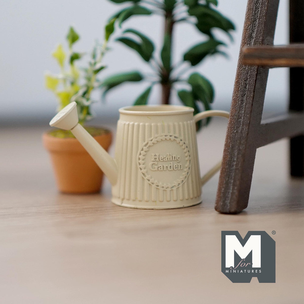 1:12 Scale Miniature Metal Slanted Watering Can, Ribbed Body, 15/16 inch tall, DIY Dollhouse Supply (beige)